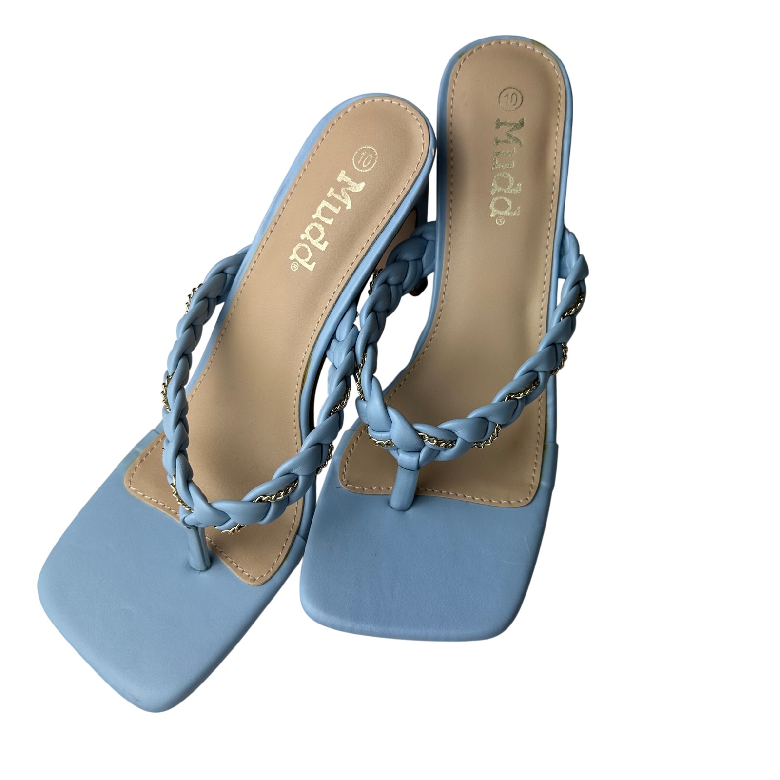 Mudd Womens Blue Braided Chain Square Toe Block Heel Thong Sandal Mules Size 10